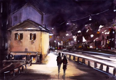 Painting titled "Milano, notte lungo…" by Tito Fornasiero, Original Artwork, Watercolor