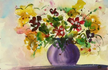 Pintura intitulada "Fiori nel vaso viola" por Tito Fornasiero, Obras de arte originais, Aquarela