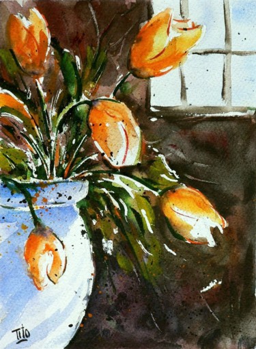 Painting titled "Tulipani" by Tito Fornasiero, Original Artwork, Watercolor