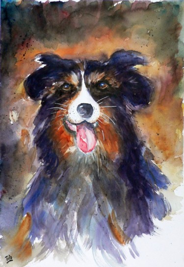 Schilderij getiteld "Il cane" door Tito Fornasiero, Origineel Kunstwerk, Aquarel