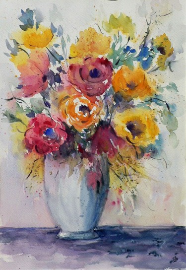 Painting titled "Vaso di fiori" by Tito Fornasiero, Original Artwork, Watercolor