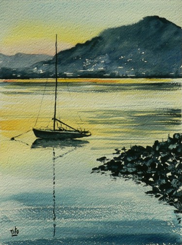 Painting titled "Lago di Como" by Tito Fornasiero, Original Artwork, Watercolor