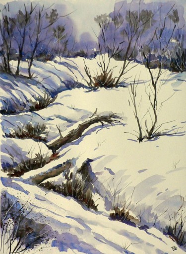 Pittura intitolato "Paesaggio con neve" da Tito Fornasiero, Opera d'arte originale, Acquarello