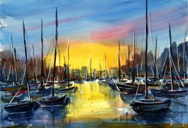 Painting titled "Tramonto giallo 3" by Tito Fornasiero, Original Artwork, Watercolor