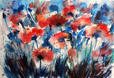 Pittura intitolato "Rosso e blu" da Tito Fornasiero, Opera d'arte originale, Acquarello