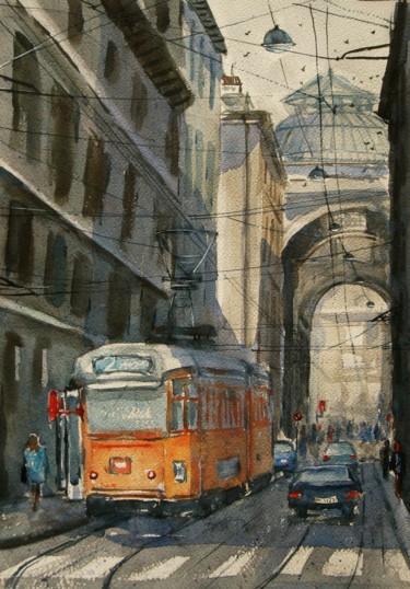 Pittura intitolato "Milano, il tram N°2" da Tito Fornasiero, Opera d'arte originale, Acquarello