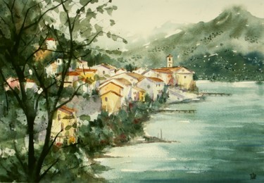 Painting titled "Colonno (Lago di Co…" by Tito Fornasiero, Original Artwork, Watercolor