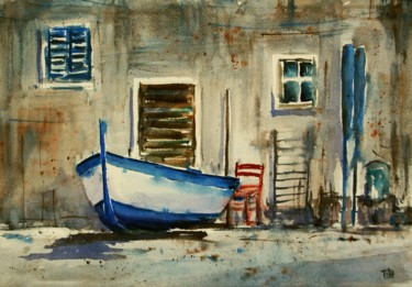 Painting titled "La barca bianca e b…" by Tito Fornasiero, Original Artwork, Watercolor