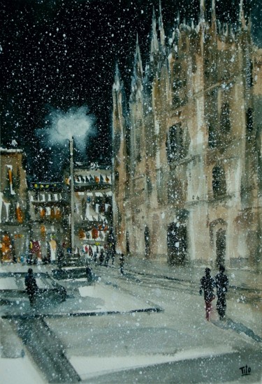 Картина под названием "Milano, in piazza D…" - Tito Fornasiero, Подлинное произведение искусства, Акварель