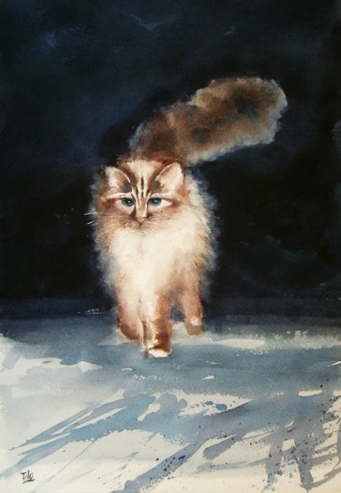 Pintura titulada "Il gatto di Xavier" por Tito Fornasiero, Obra de arte original, Acuarela