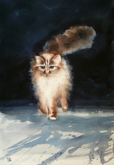 Il gatto di Xavier Pittura intitolato "Il gatto di Xavier" da Tito Fornasiero, Opera d'arte originale, Acquarello