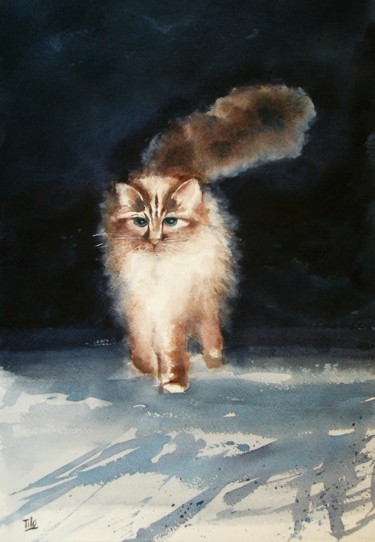 Schilderij getiteld "Il gatto di Xavier" door Tito Fornasiero, Origineel Kunstwerk, Aquarel