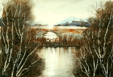 Malerei mit dem Titel "Paesaggio con il so…" von Tito Fornasiero, Original-Kunstwerk, Aquarell