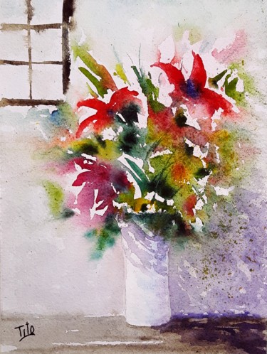 Painting titled "Vaso di fiori" by Tito Fornasiero, Original Artwork, Watercolor