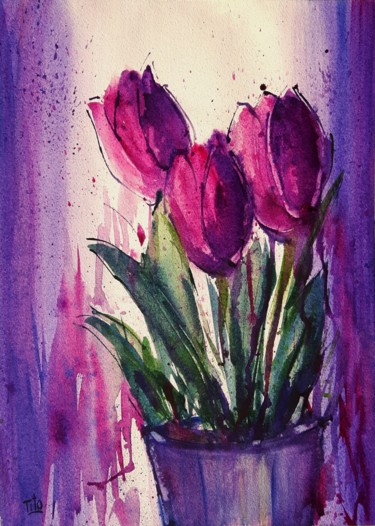 Malerei mit dem Titel "Tulipani" von Tito Fornasiero, Original-Kunstwerk, Aquarell