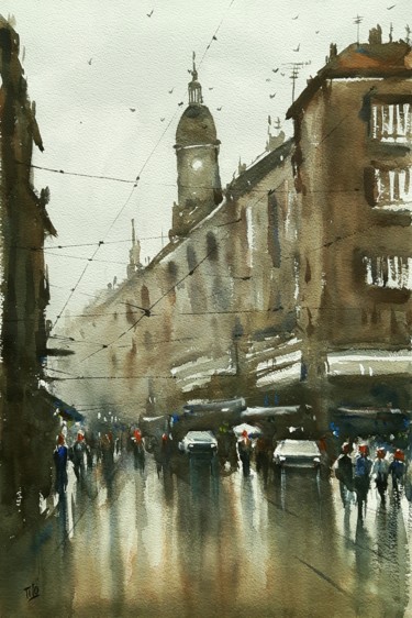 Pittura intitolato "Un giorno di pioggia" da Tito Fornasiero, Opera d'arte originale, Acquarello