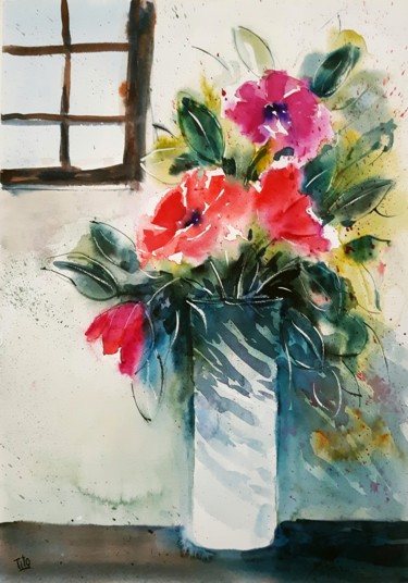 Pittura intitolato "Vaso di fiori con f…" da Tito Fornasiero, Opera d'arte originale, Acquarello