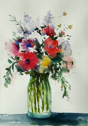 Pittura intitolato "Vaso di fiori vari" da Tito Fornasiero, Opera d'arte originale, Acquarello