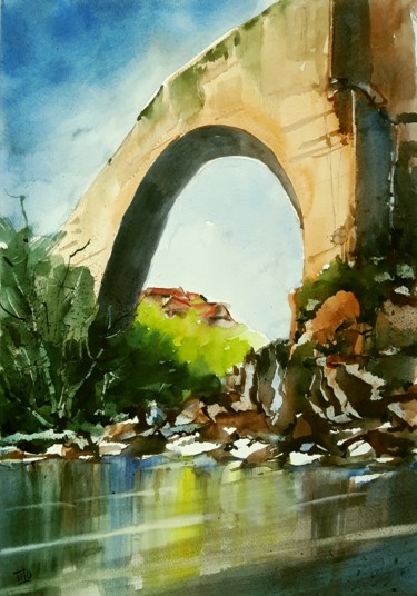 Pintura titulada "Paesaggio con ponte…" por Tito Fornasiero, Obra de arte original, Acuarela