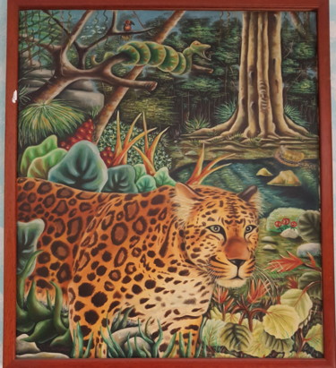 Schilderij getiteld "Leopardo Incantato" door Titti Milos, Origineel Kunstwerk, Olie