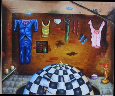 Painting titled "Il globo divorante" by Titti Milos, Original Artwork, Oil