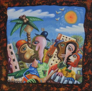 Painting titled "Ritmo urbano" by Titti Milos, Original Artwork, Oil Mounted on Wood Stretcher frame