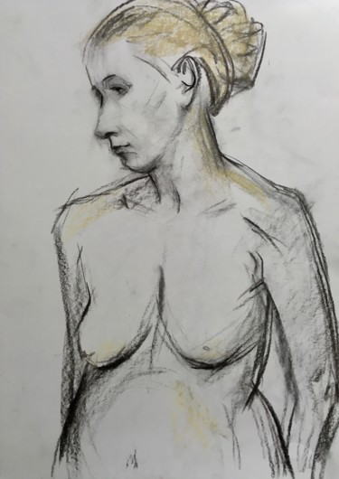 Drawing titled "Frauenportrait, Akt…" by Sergej Luzewitsch, Original Artwork, Charcoal