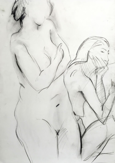 Drawing titled "zwei Frauen, Akt Ze…" by Sergej Luzewitsch, Original Artwork, Charcoal