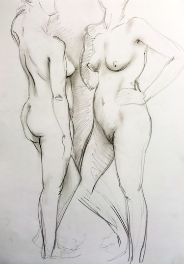 Drawing titled "Zwei Frauen, Zeiche…" by Sergej Luzewitsch, Original Artwork, Charcoal