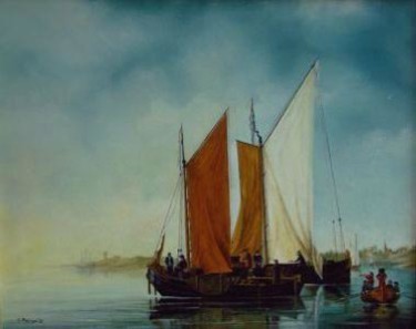 Schilderij getiteld "Vessels in harbour" door Tjerk Reijinga, Origineel Kunstwerk, Anders