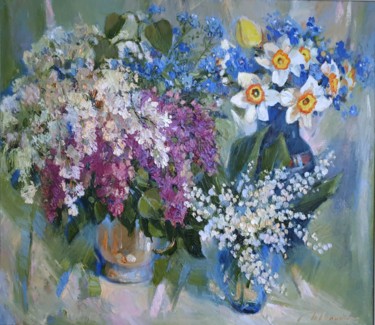 Painting titled ""Spring flowers" li…" by Tatiana Lapina, Original Artwork, Oil Mounted on Wood Stretcher frame