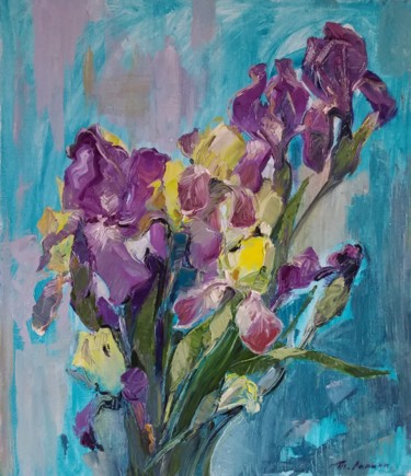 Картина под названием "Irises 2 - brush an…" - Tatiana Lapina, Подлинное произведение искусства, Масло Установлен на Деревян…
