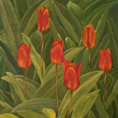 Painting titled "Tulips" by Tatyana Leksikova, Original Artwork, Oil