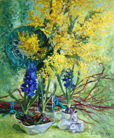 Painting titled "Mimosa and hyacinths" by Olga Sedykh, Original Artwork, Oil