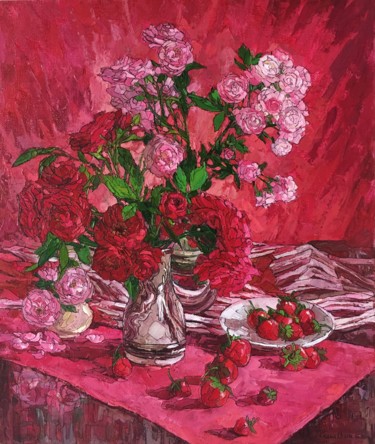 Картина под названием "Roses and strawberr…" - Olga Sedykh, Подлинное произведение искусства, Масло