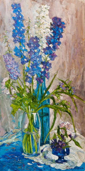 Pintura titulada "Sky delphinium" por Olga Sedykh, Obra de arte original, Oleo