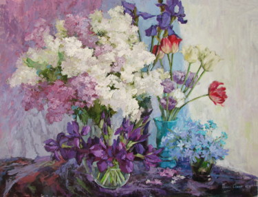Картина под названием "Purple, irises" - Olga Sedykh, Подлинное произведение искусства, Масло