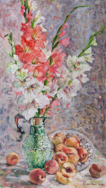 Картина под названием "Gladioli And Peaches" - Olga Sedykh, Подлинное произведение искусства, Масло