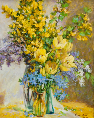 Painting titled "Solar Tulips" by Olga Sedykh, Original Artwork, Oil