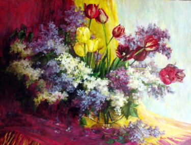 Картина под названием "Lilac And Tulips" - Olga Sedykh, Подлинное произведение искусства, Масло