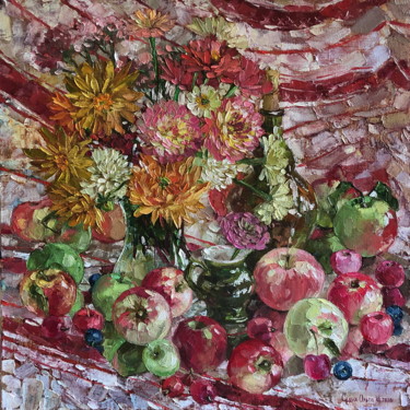 Painting titled "Dahlias With Apples" by Olga Sedykh, Original Artwork, Oil