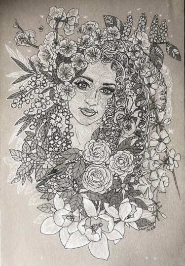 Рисунок под названием "Spring girl" - Olga Sedykh, Подлинное произведение искусства, Гелевая ручка