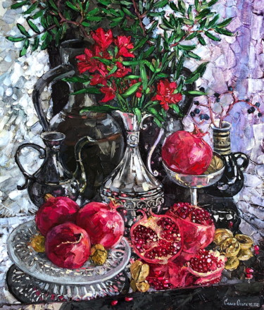 Schilderij getiteld "Glitter Pomegranate" door Olga Sedykh, Origineel Kunstwerk, Olie