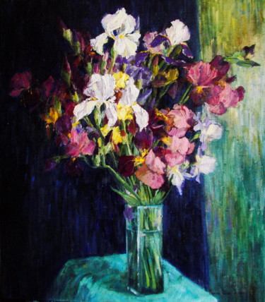 Pintura titulada "Irises On A Blue Ba…" por Olga Sedykh, Obra de arte original, Oleo