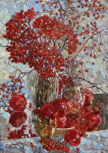 Painting titled "Berry feast. Rowan…" by Olga Sedykh, Original Artwork, Oil