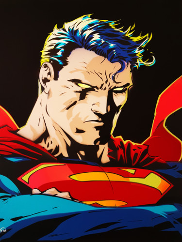 Schilderij getiteld "Superman - Blue" door T'M, Origineel Kunstwerk, Graffiti Gemonteerd op Frame voor houten brancard