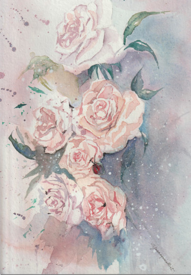 제목이 "Des Roses"인 미술작품 Uynsart로, 원작, 수채화 나무 들것 프레임에 장착됨