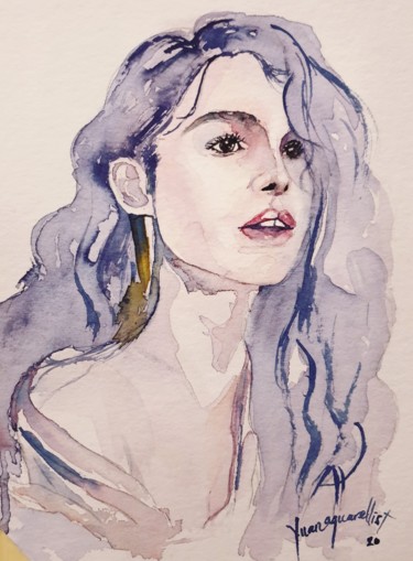 Painting titled "Une fille frisée" by Uynsart, Original Artwork, Watercolor