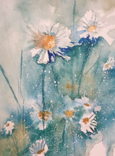 Painting titled "Daisy sketch" by Uynsart, Original Artwork, Watercolor Mounted on Wood Stretcher frame