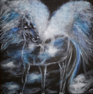 Painting titled "Cheval ailé bleu" by Tol Dana, Original Artwork, Acrylic Mounted on Wood Stretcher frame